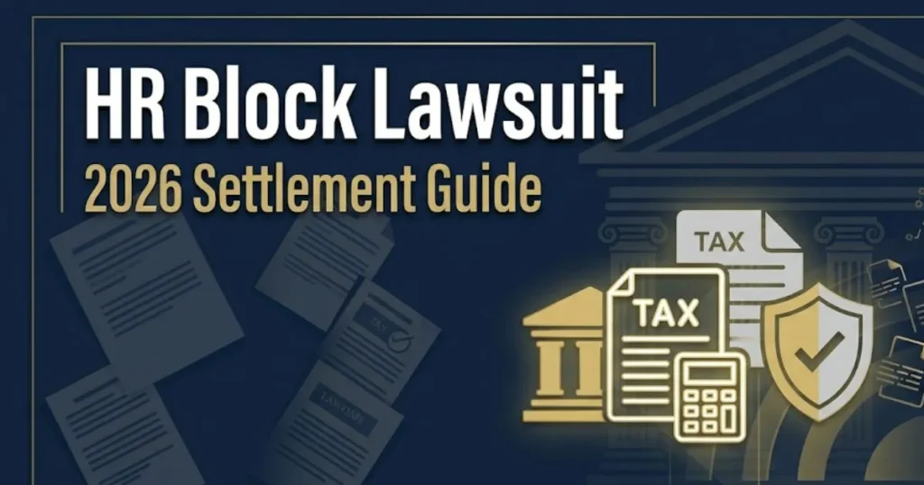 HR Block lawsuit 2026 legal settlement guide banner with courthouse icons and bold headline text on navy background