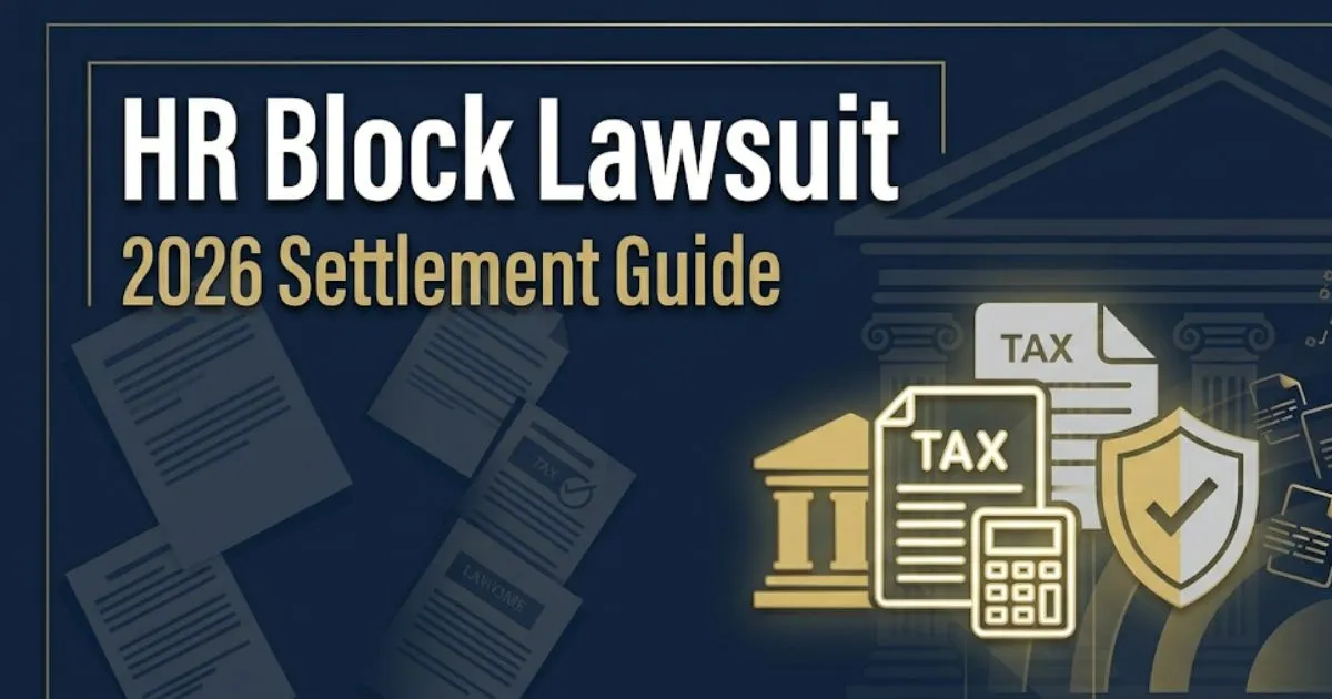 HR Block lawsuit 2026 legal settlement guide banner with courthouse icons and bold headline text on navy background
