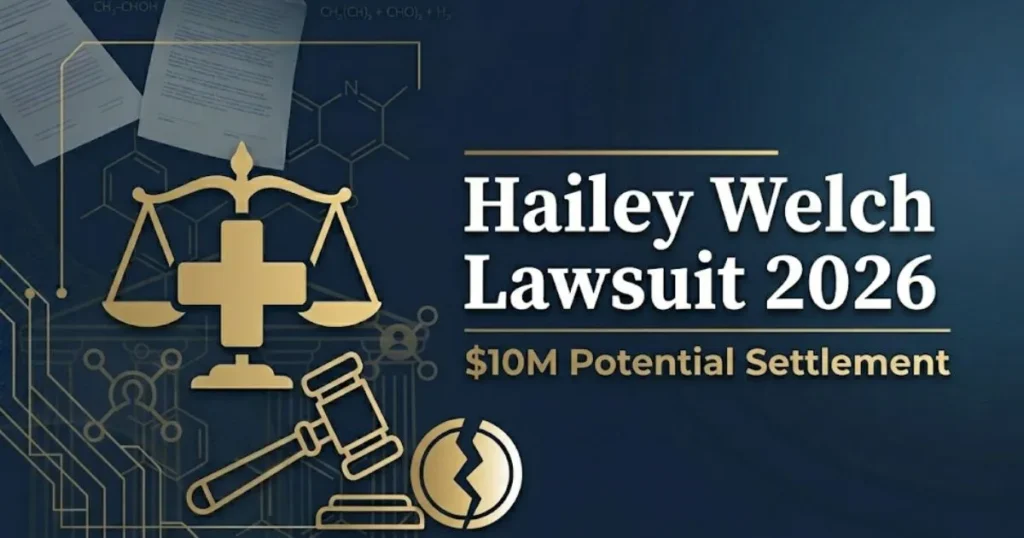 Hailey Welch lawsuit 2026 legal concept image with scales and blockchain symbols.