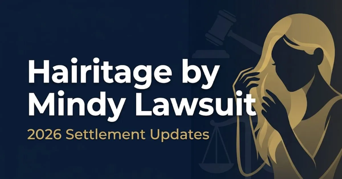 Hairitage by Mindy Lawsuit 2026 settlement update blog banner with legal symbols and navy background