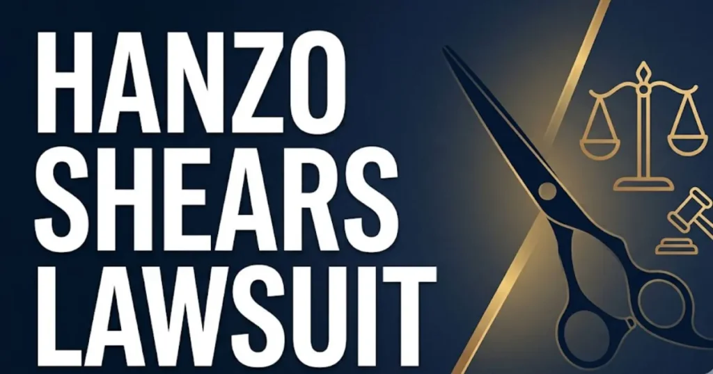 Hanzo Shears Lawsuit 2026 editorial banner with gold scissors silhouette and legal scales on navy background
