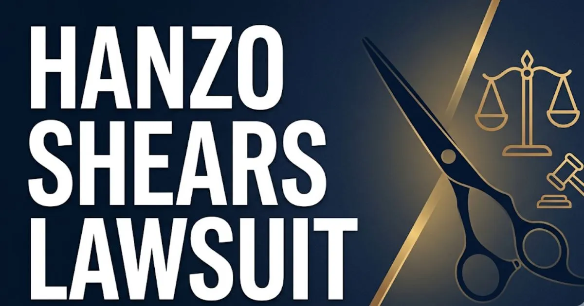 Hanzo Shears Lawsuit 2026 editorial banner with gold scissors silhouette and legal scales on navy background