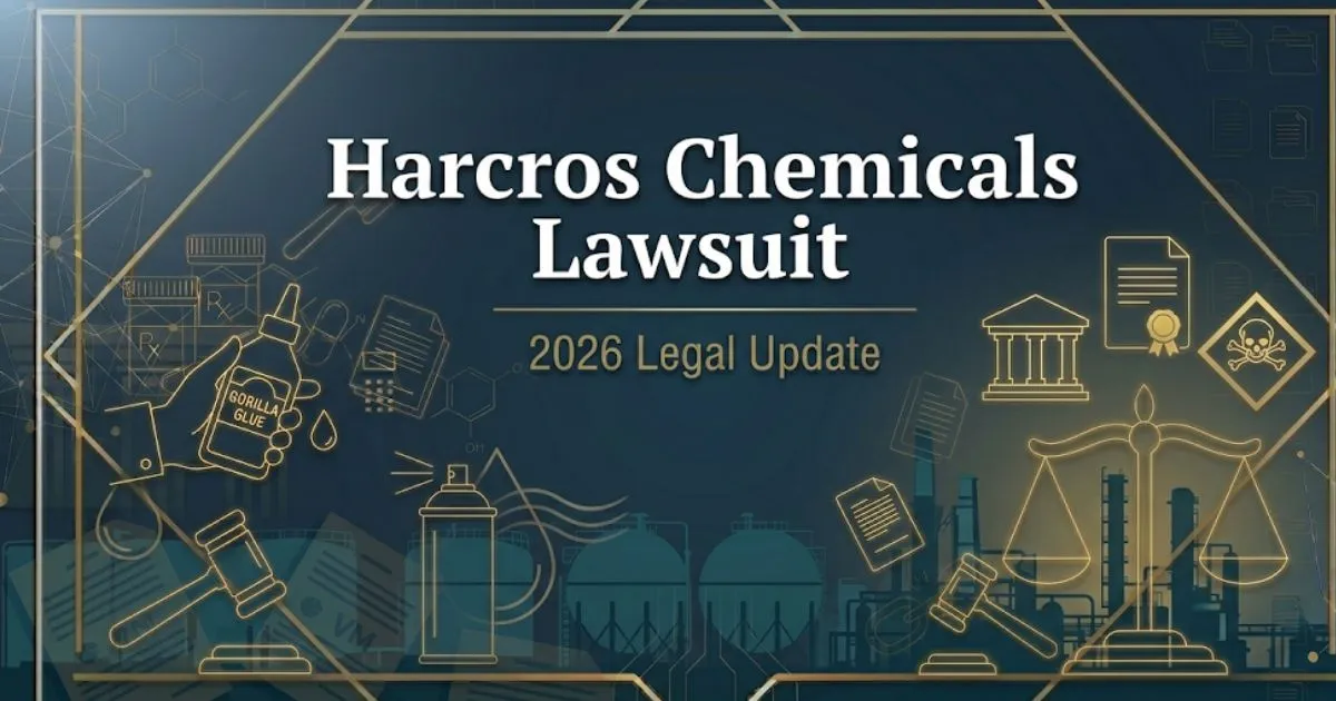 Harcros Chemicals Lawsuit 2026 legal update banner with industrial silhouettes and courthouse icons on navy background