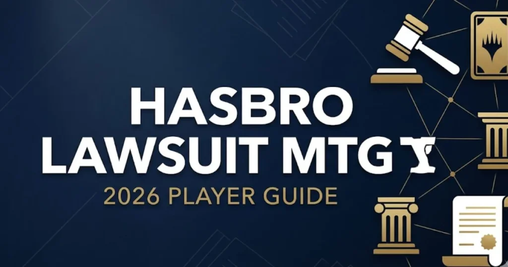 Hasbro Lawsuit MTG 2026 player guide banner with legal icons, gavel, and bold headline text on navy background