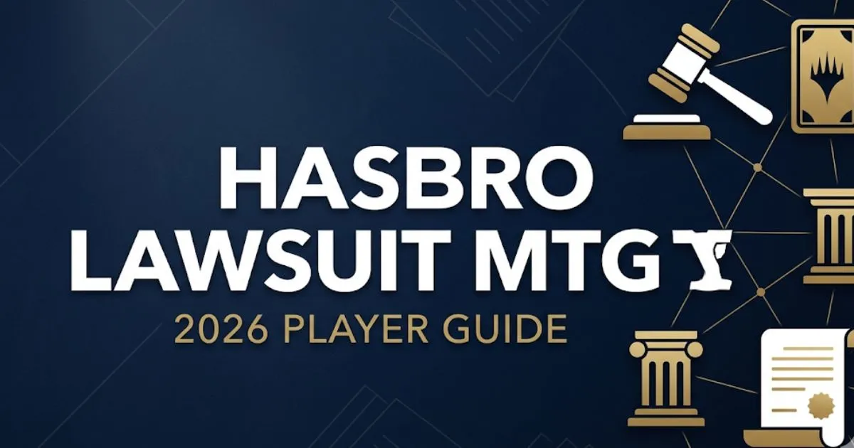 Hasbro Lawsuit MTG 2026 player guide banner with legal icons, gavel, and bold headline text on navy background