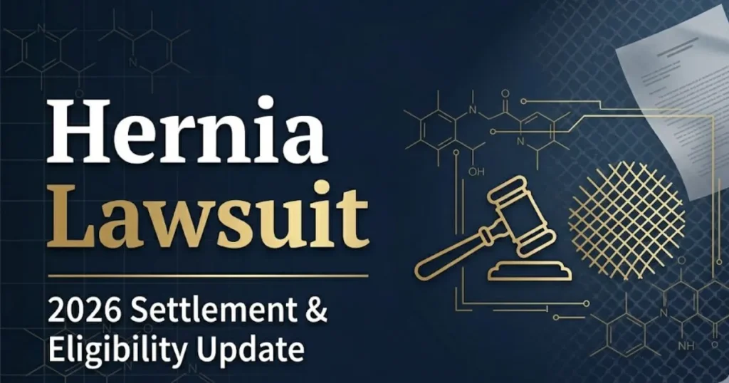 Hernia lawsuit 2026 legal banner with mesh icon and gavel on navy background.