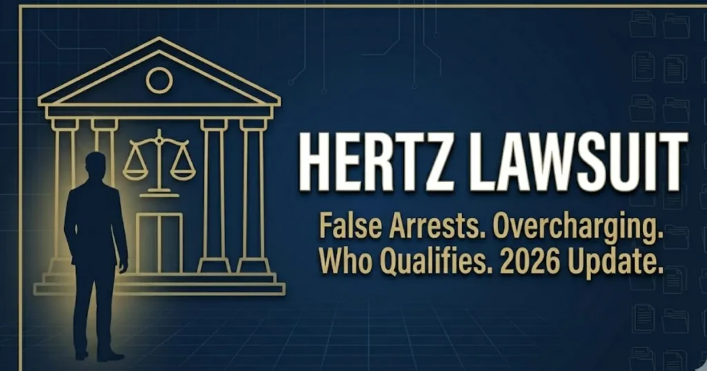 Hertz lawsuit 2026 hero banner with courthouse silhouette and scales of justice on navy background