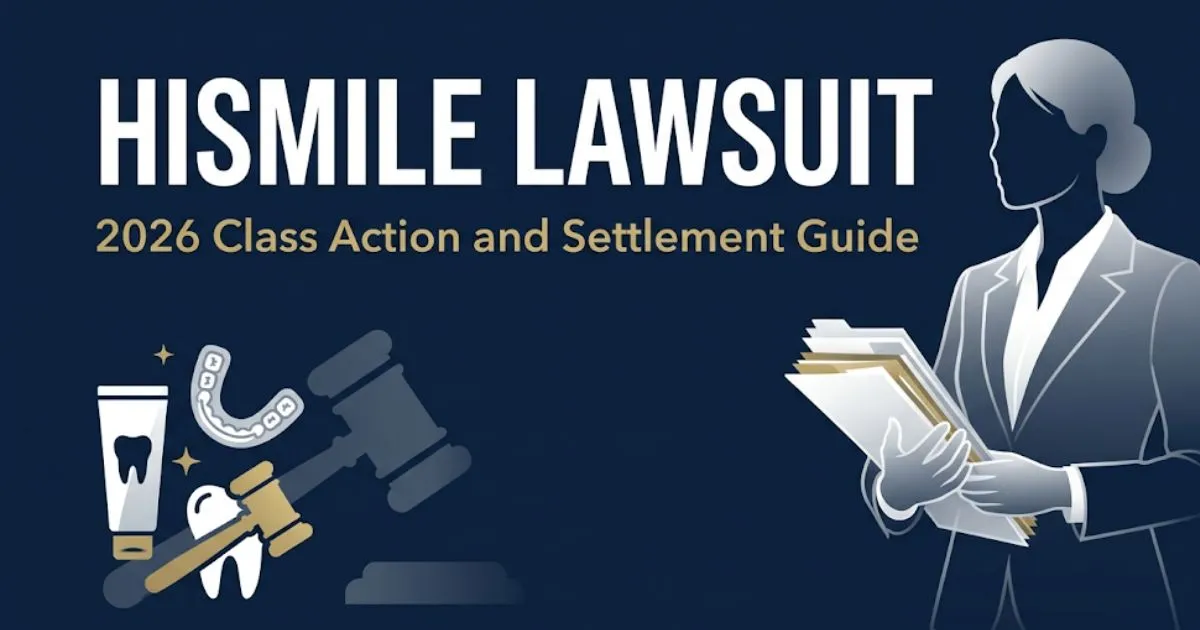 HiSmile lawsuit 2026 class action legal banner showing gavel and teeth whitening icons on navy background