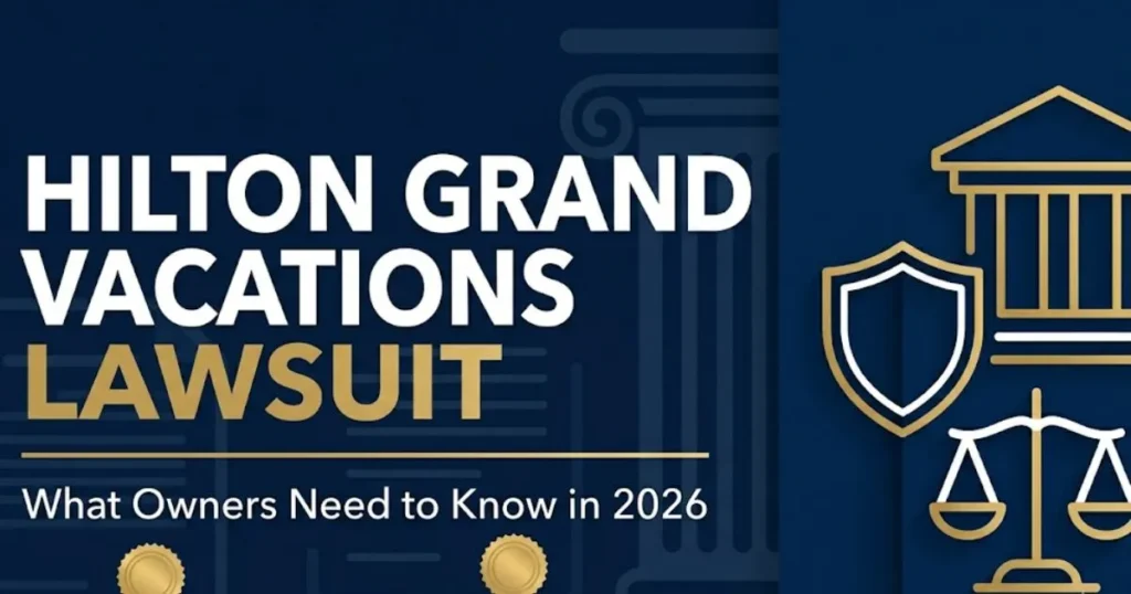 Hilton Grand Vacations lawsuit 2026 banner showing legal themed design with courthouse silhouette and bold title text