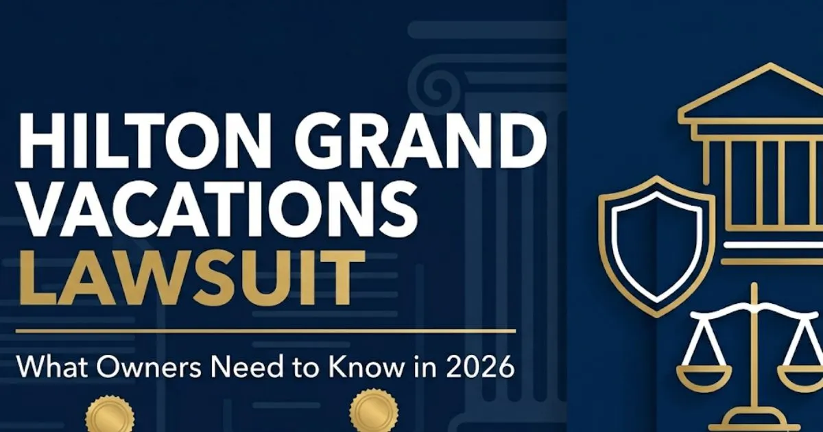 Hilton Grand Vacations lawsuit 2026 banner showing legal themed design with courthouse silhouette and bold title text