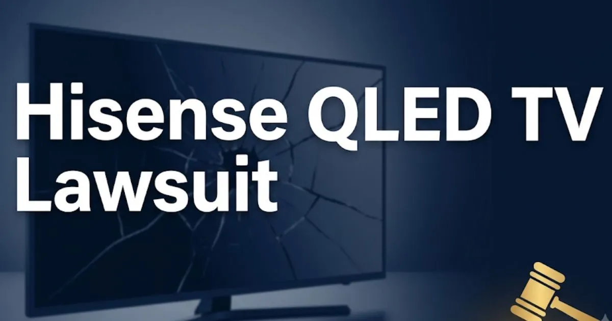 Hisense QLED TV lawsuit 2026 banner with cracked screen silhouette and legal gavel icon