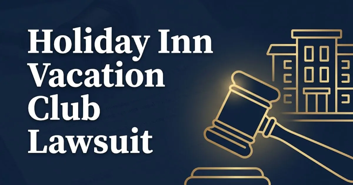 Holiday Inn Vacation Club Lawsuit 2026 legal banner with gavel silhouette and resort icon on navy background