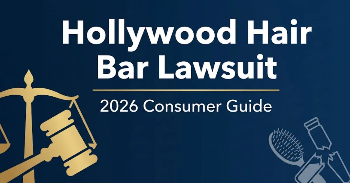 Hollywood Hair Bar lawsuit 2026 consumer guide banner with legal scales and gavel icons on navy background