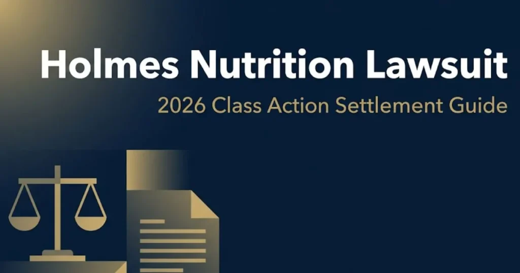 Holmes Nutrition lawsuit 2026 class action settlement guide banner with legal scale icon on navy background