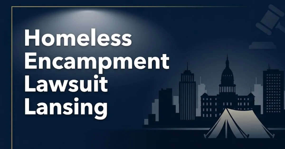 Homeless encampment lawsuit Lansing 2026 legal guide banner with city skyline silhouette and legal gavel icon