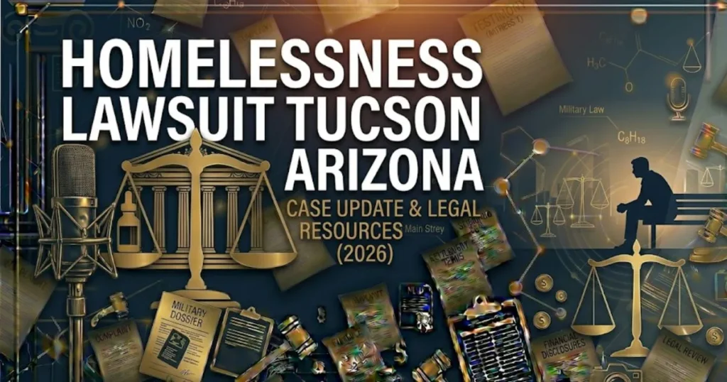 Homelessness lawsuit Tucson Arizona 2026 legal rights guide banner with scales of justice and city silhouette