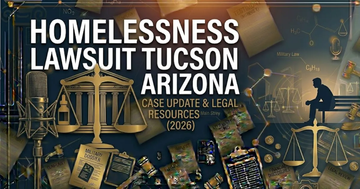 Homelessness lawsuit Tucson Arizona 2026 legal rights guide banner with scales of justice and city silhouette