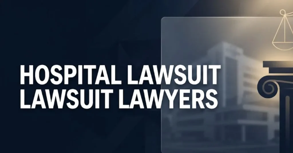 Hospital lawsuit lawyers 2026 legal guide banner with courthouse silhouette and justice scales on navy background