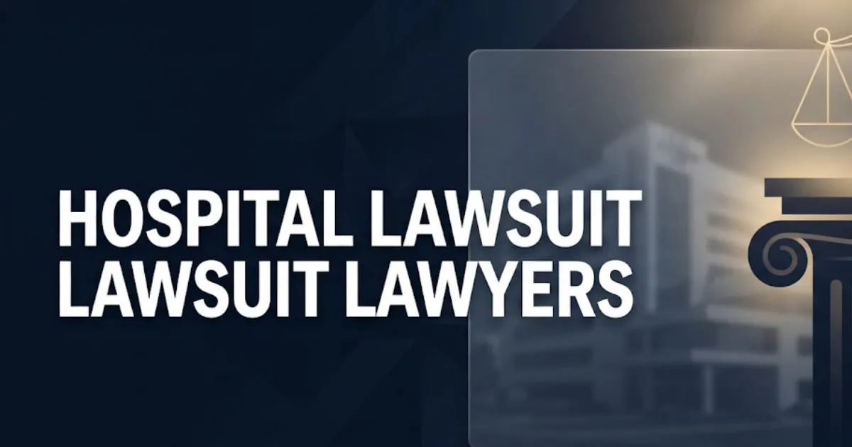 Hospital lawsuit lawyers 2026 legal guide banner with courthouse silhouette and justice scales on navy background