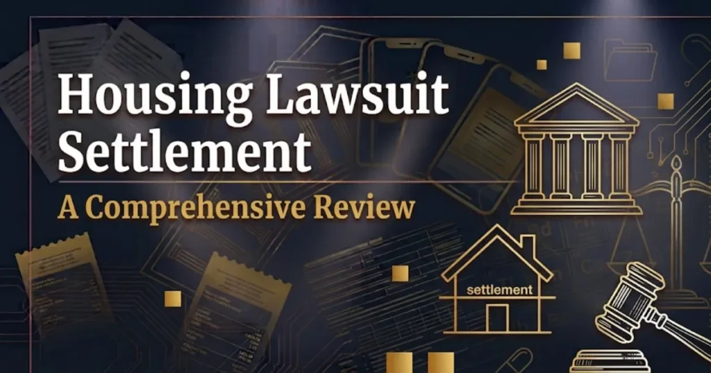 Housing lawsuit settlement 2026 guide banner showing legal scales and house icon on navy background