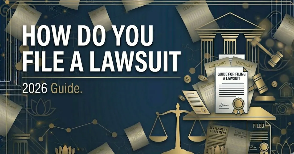 How do you file a lawsuit 2026 guide with legal symbols and gavel on navy background