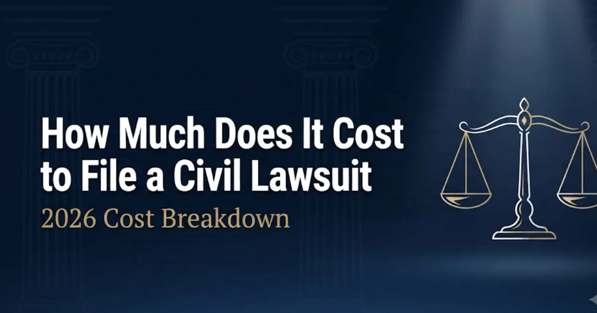 How much does it cost to file a civil lawsuit in 2026 cost breakdown banner with scales of justice MAIN KEYWORD {{how much does it cost to file a civil lawsuit}} CLUSTER KEYWORDS {{average co