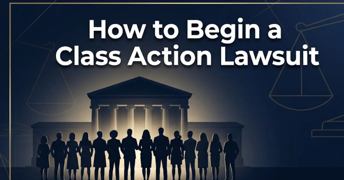 How to begin a class action lawsuit 2026 guide with courthouse and group silhouette banner