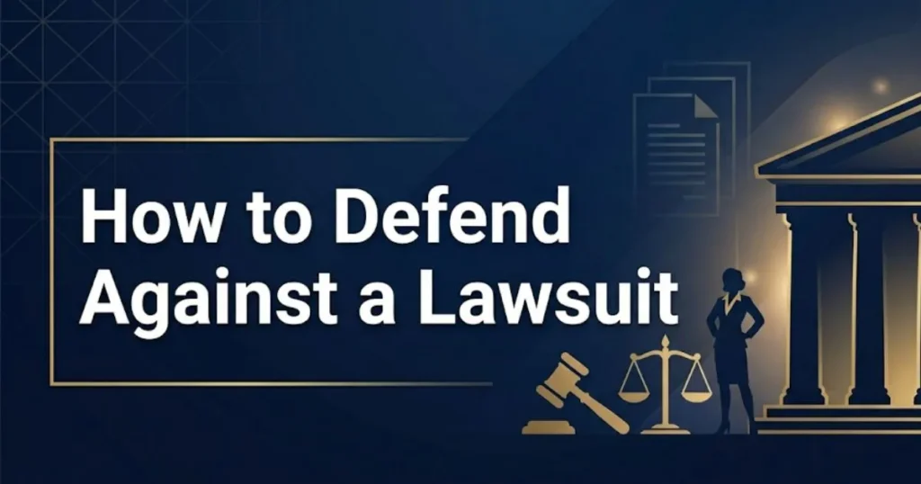 How to defend against a lawsuit guide with legal symbols and scales of justice on navy background