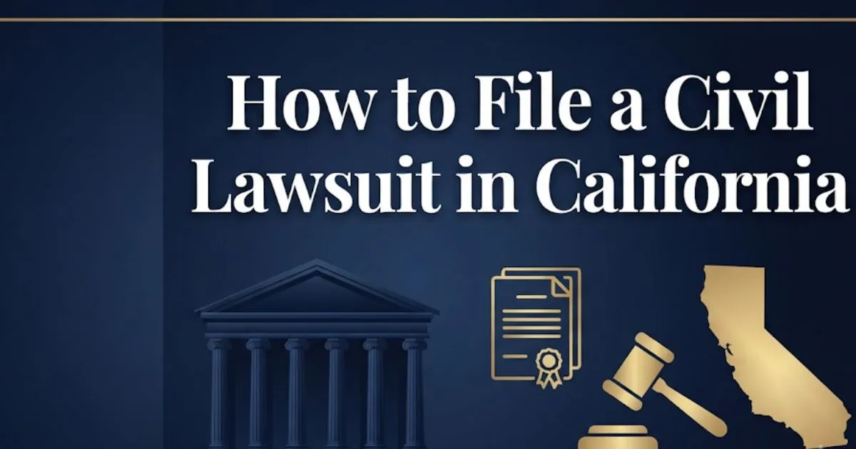 How to file a civil lawsuit in California 2026 guide with courthouse and legal icons