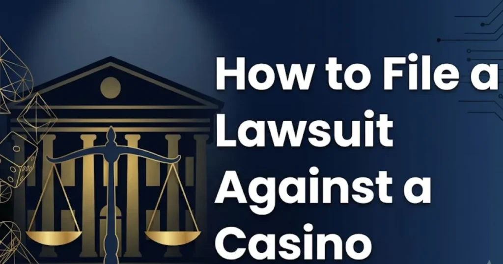 How to file a lawsuit against a casino guide with legal scale and casino icons on navy background