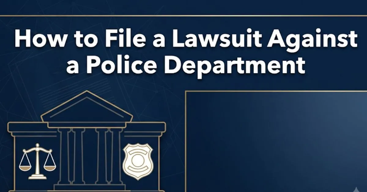 How to file a lawsuit against a police department guide with legal scales and courthouse imagery