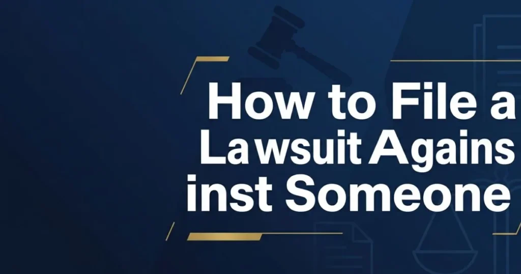 How to file a lawsuit against someone guide with legal scales and gavel on navy background
