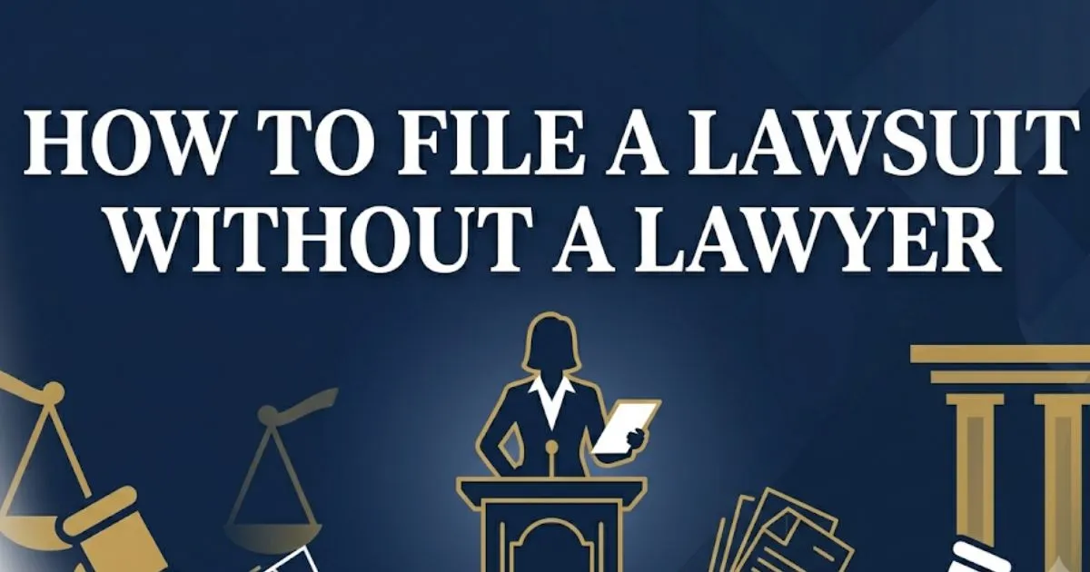 How to file a lawsuit without a lawyer guide with courthouse silhouette and legal symbols