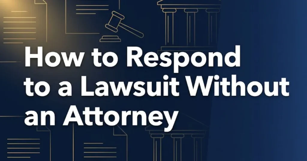 How to respond to a lawsuit without an attorney guide banner with legal documents and gavel icons on navy background