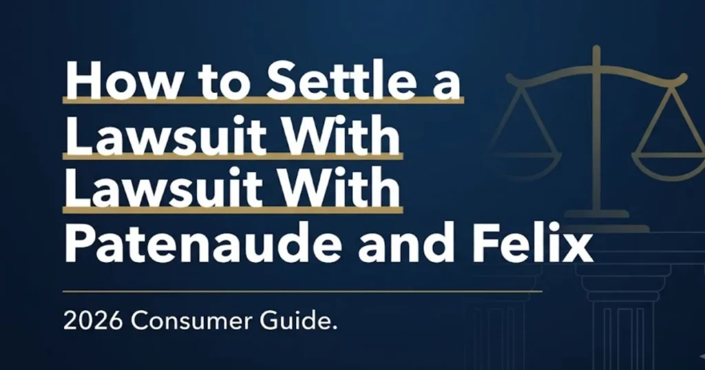 How to settle a lawsuit with Patenaude and Felix 2026 guide banner with legal scales and navy background