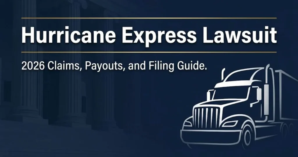 Hurricane Express Lawsuit 2026 legal banner with truck silhouette and courthouse background in navy and gold