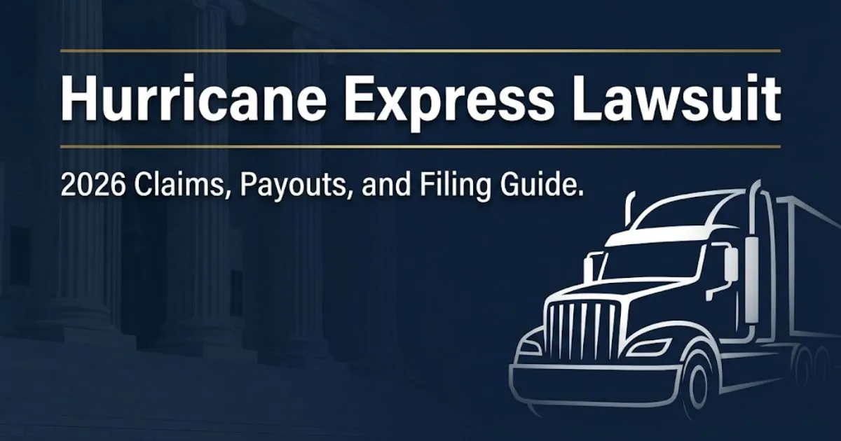Hurricane Express Lawsuit 2026 legal banner with truck silhouette and courthouse background in navy and gold
