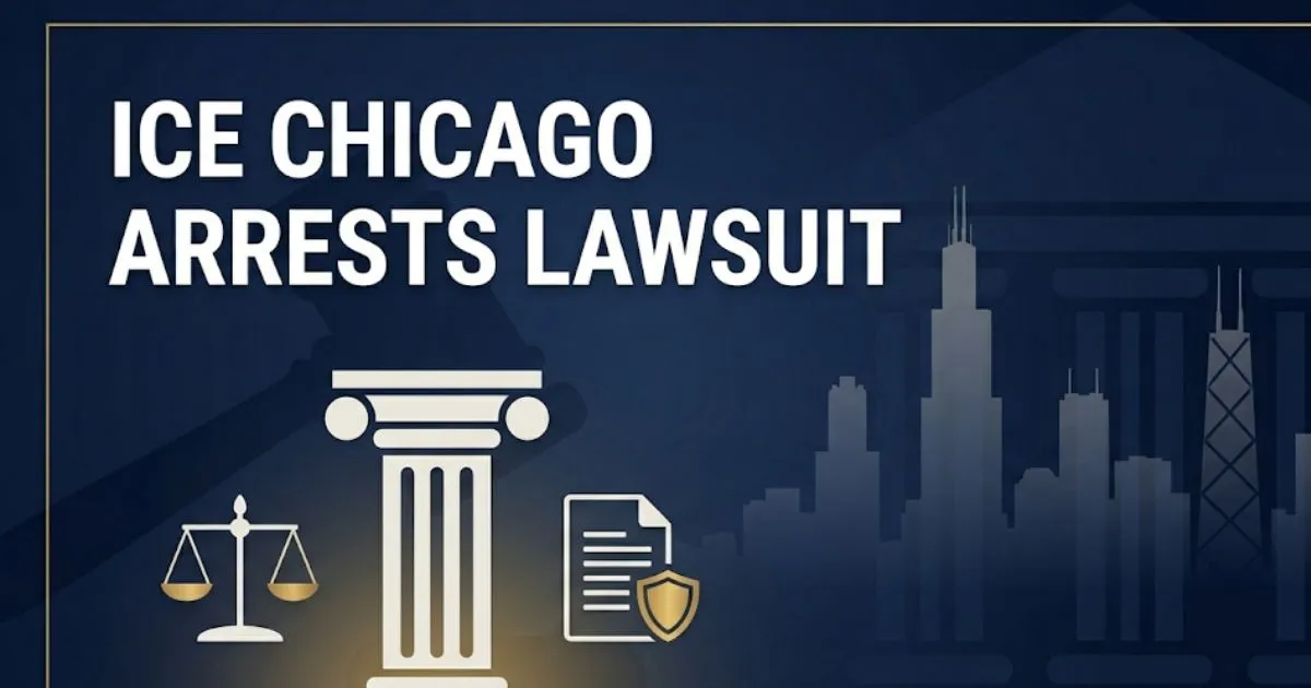 ICE Chicago arrests lawsuit 2026 legal guide banner with Chicago skyline and civil rights legal symbols MAIN KEYWORD {{ice chicago arrests lawsuit}} CLUSTER KEYWORDS {{paste cluster keywords