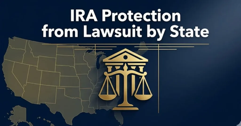IRA protection from lawsuit by state guide 2026 showing legal scales and U.S. map on navy background MAIN KEYWORD {{ira protection from lawsuit by state}} CLUSTER KEYWORDS {{paste cluster ke
