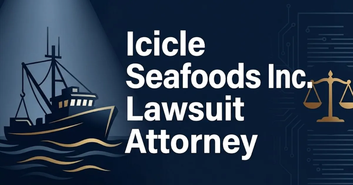 Icicle Seafoods Inc. lawsuit attorney 2026 guide banner with legal scales and fishing vessel silhouette on navy background