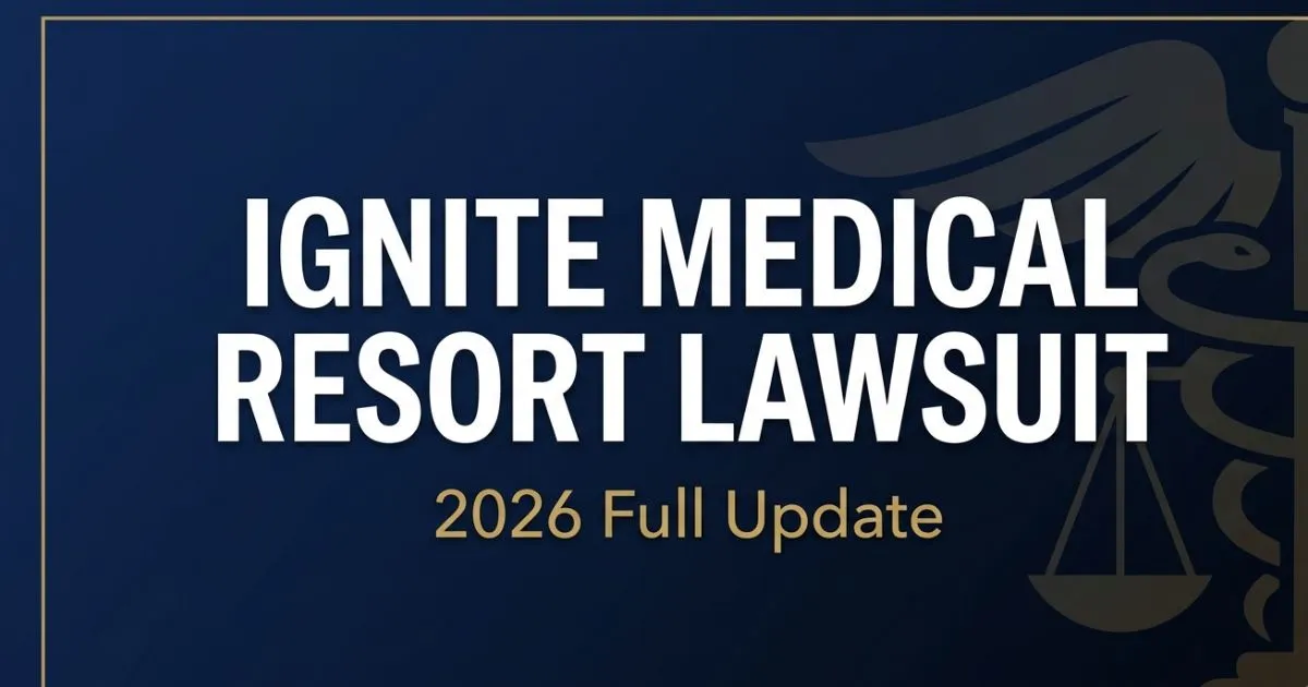 Ignite Medical Resort Lawsuit 2026 full update banner with legal scales and hospital silhouette on navy background
