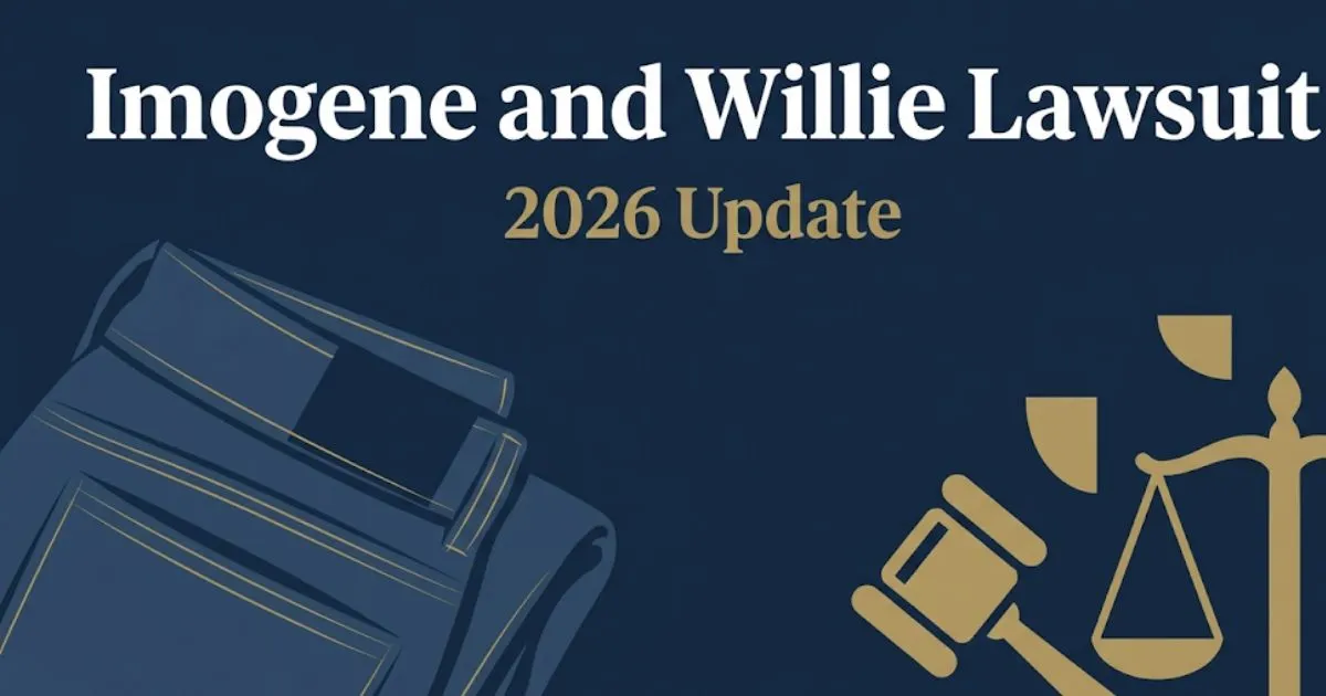 Imogene and Willie Lawsuit 2026 hero banner with gavel and denim icons on navy background