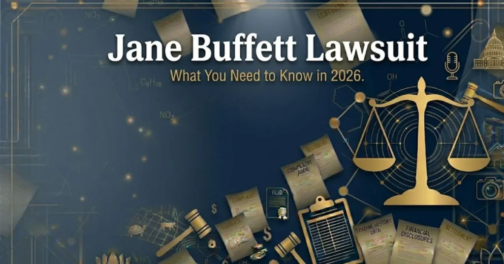 Jane Buffett Lawsuit 2026 legal case overview banner with scales of justice icon on navy background