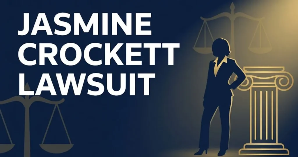Jasmine Crockett lawsuit facts and legal background 2026 editorial banner with scales of justice