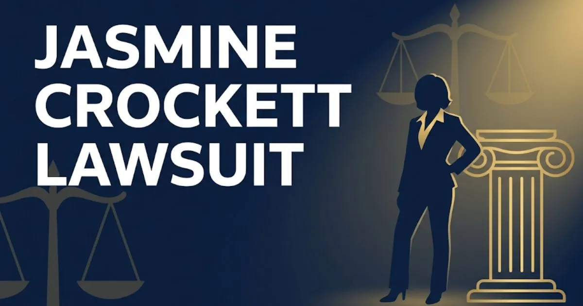Jasmine Crockett lawsuit facts and legal background 2026 editorial banner with scales of justice