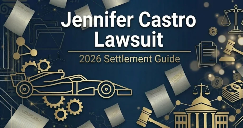 Jennifer Castro Lawsuit 2026 settlement guide banner with legal scale icon on navy background