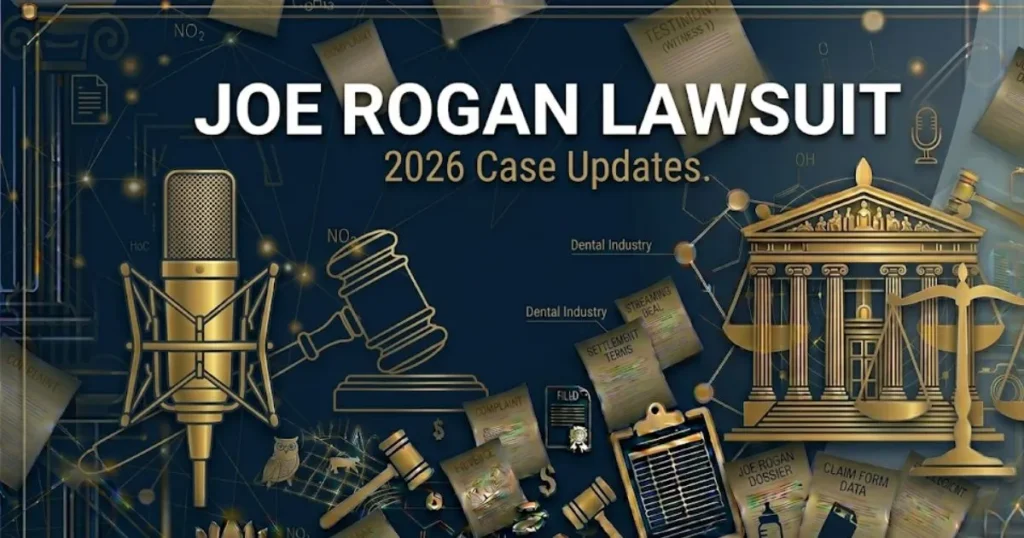 Joe Rogan lawsuit 2026 legal blog banner with gavel and microphone silhouette on navy background