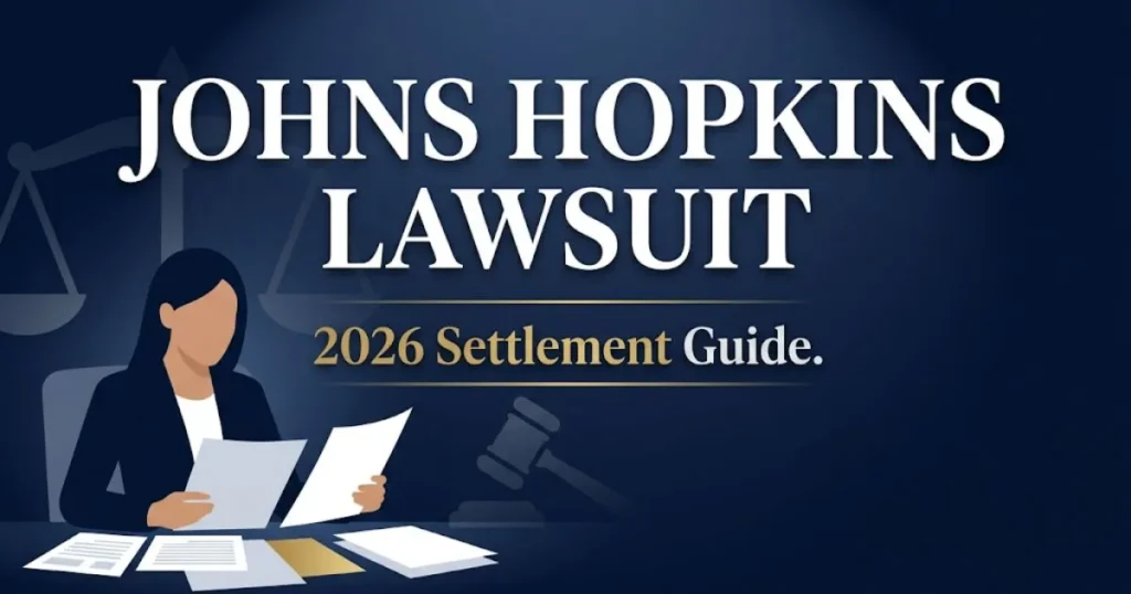 Johns Hopkins lawsuit 2026 settlement guide banner with legal scale and navy background