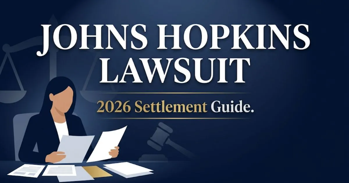 Johns Hopkins lawsuit 2026 settlement guide banner with legal scale and navy background