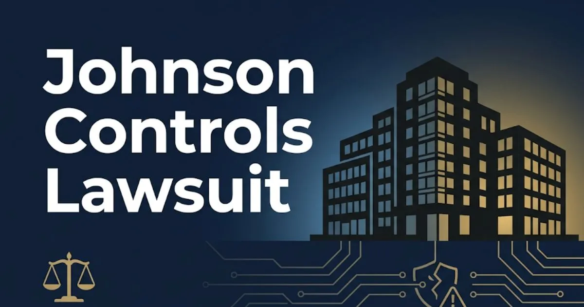 Johnson Controls lawsuit 2026 legal banner showing corporate building silhouette and data breach symbols on navy background